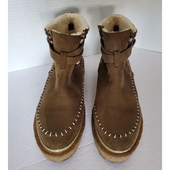Free People Vegan Suede & Shearling Lined Ankle Boots Buckle Size 10 Cozycore - Picture 2 of 9